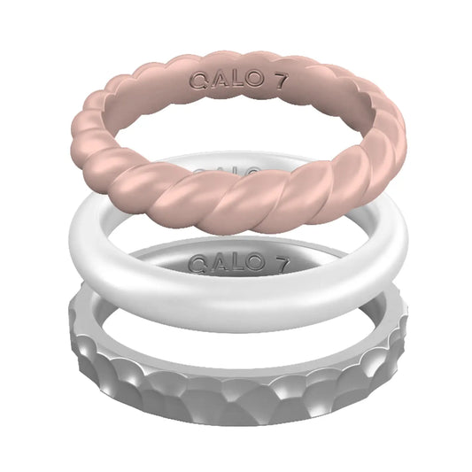 Qalo Forged Silver, Classic Pearl & Rose Silicone Rings Stackable Collection