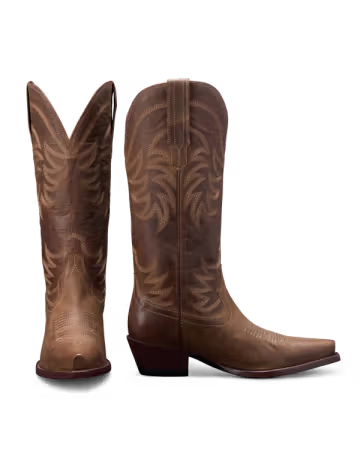 Pair of brown cowboy boots with intricate designs. Tecovas women’s cowboy boots