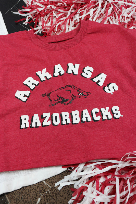 Arkansas Razorback Girls Red Sparkle Crop T-Shirt