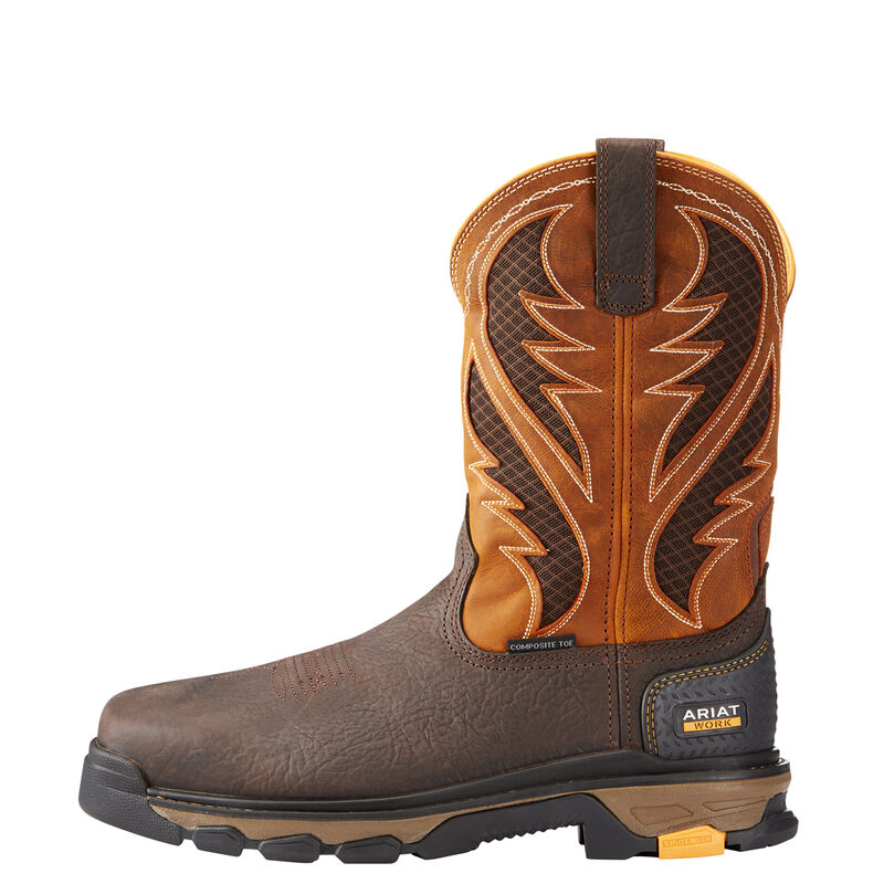 men's Ariat orange and dark brown work boot -side profile