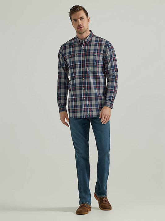 Wrangler Rugged Wear Long Sleeve Plaid Button Down Shirt- Navy Grey Plaid