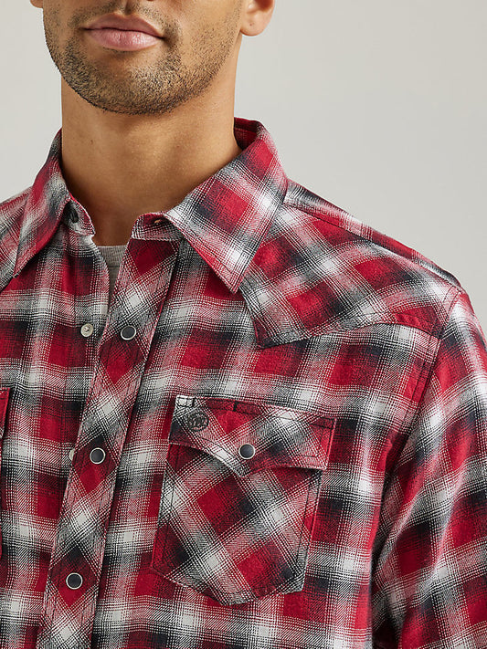 Men's Wrangler Retro Long Sleeve Flannel Western Plaid Shirt- Stormy Red