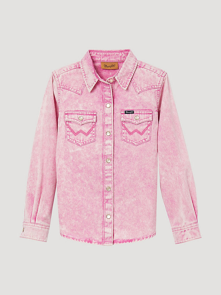 Wrangler Girl's Vintage Inspired Western Snap Work Shirt- Pink