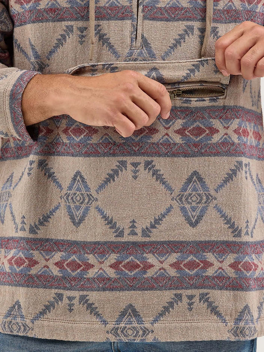 Wrangler Men's Jacquard Quarter Zip Desert Taupe Hooded Popover Jacket