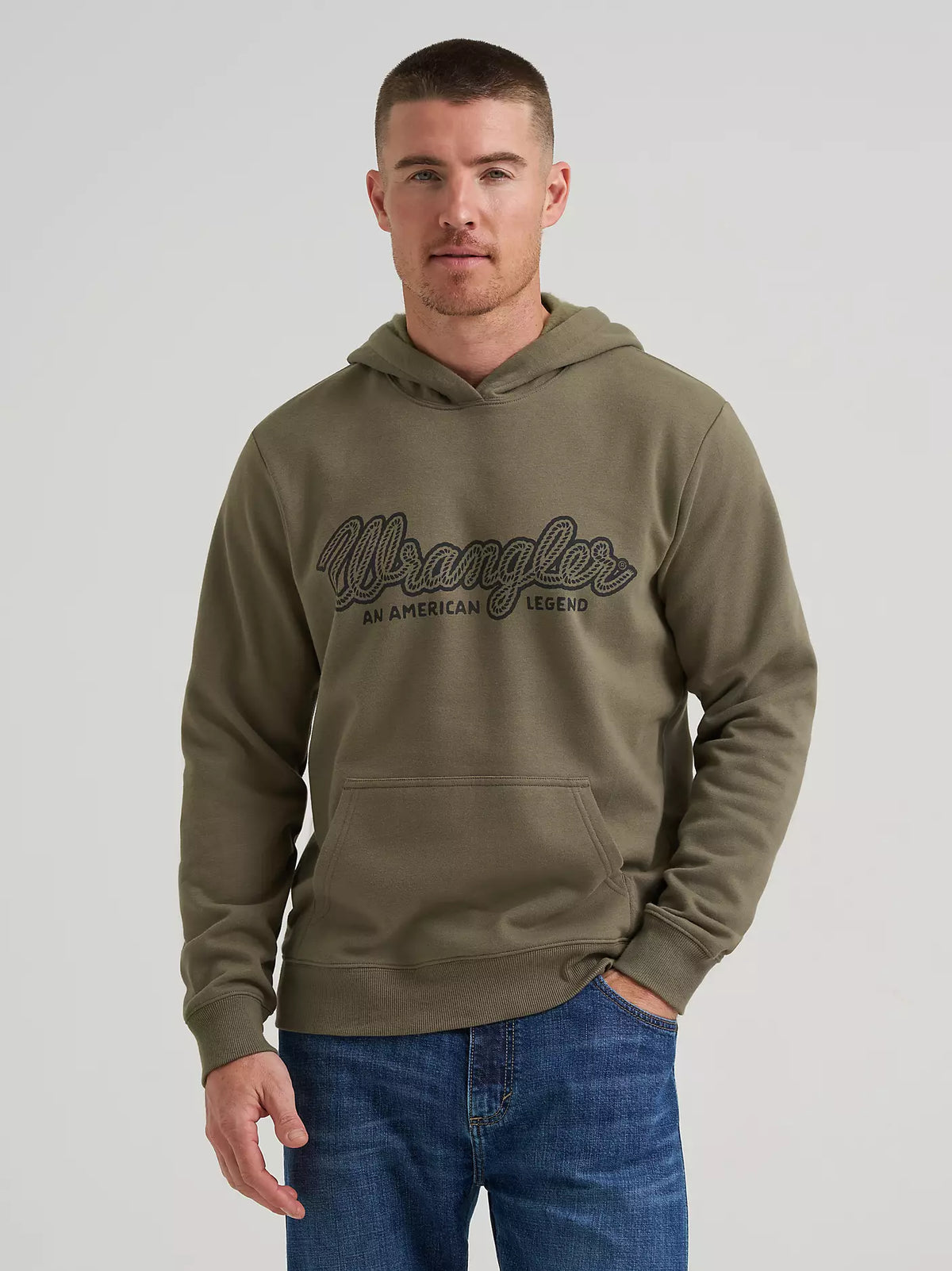 Wrangler Legacy script graphic hoodie in olive, front view on model