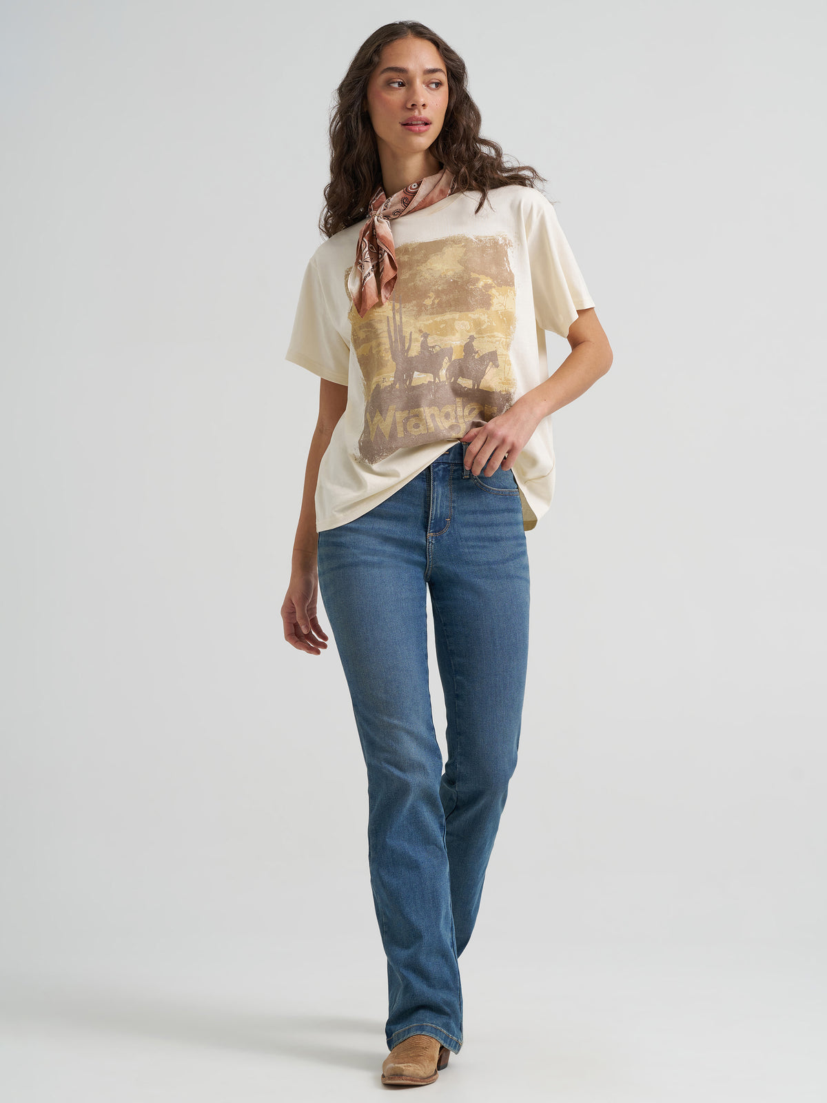 Wrangler Retro Western Graphic Tee, full-length outfit with bootcut jeans and neck scarf