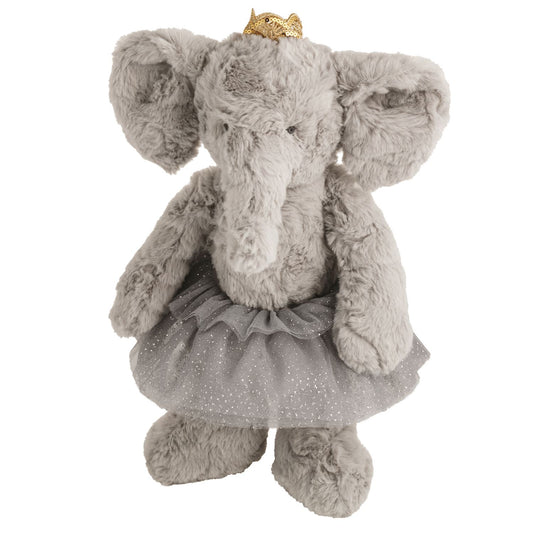 Plush elephant toy with a crown and sparkly skirt on a white background