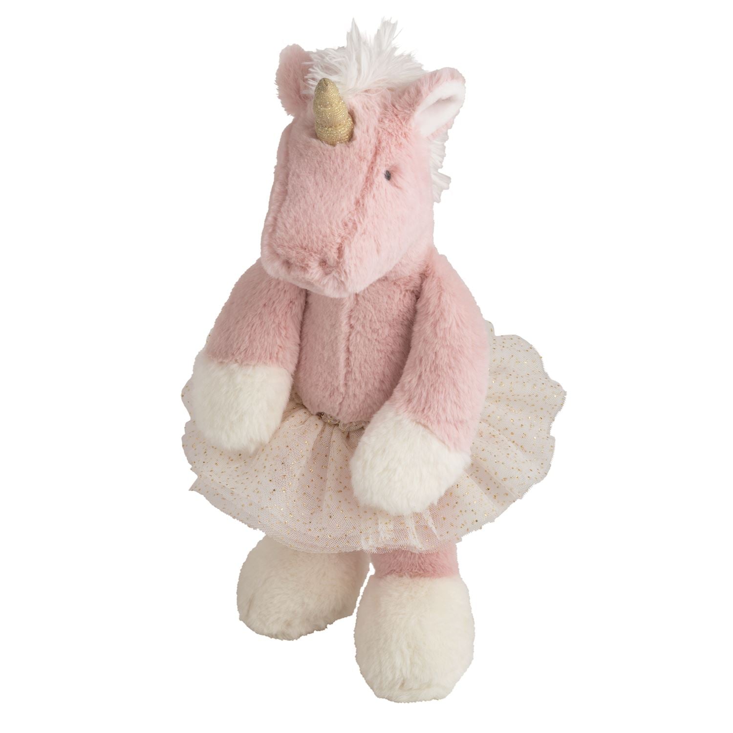 Pink plush unicorn toy on a white background