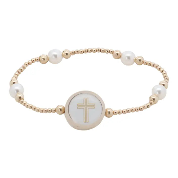 Beloved Tap To Pray bracelet with gold-tone beads, white pearl-like accents and a round cross centerpiece.