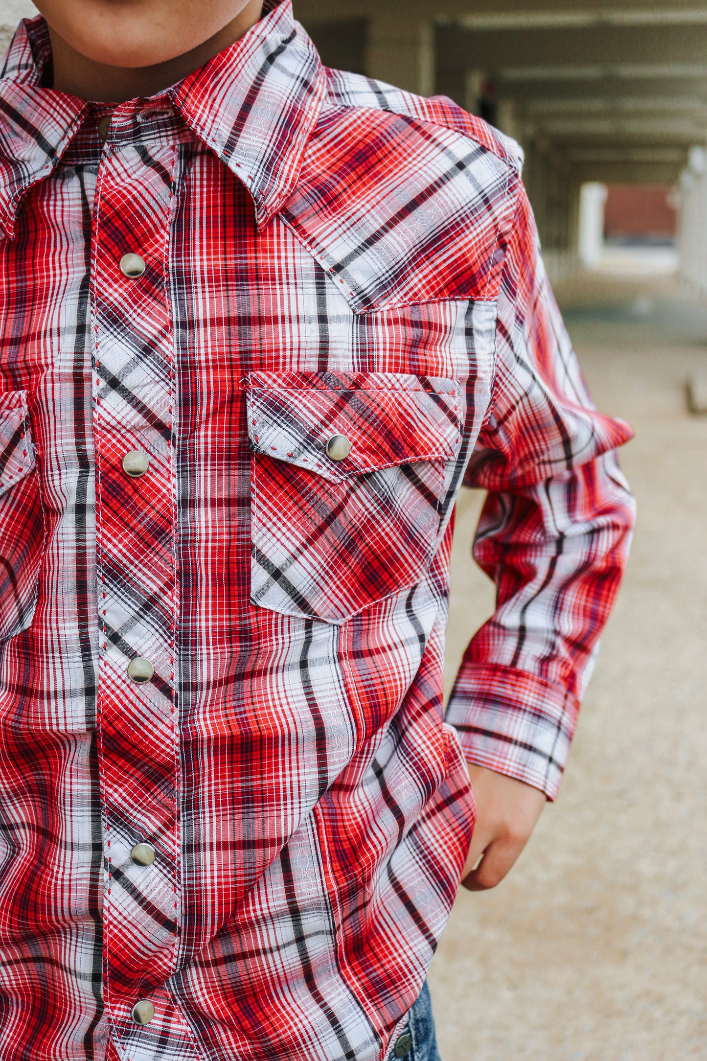 Boy's Long Sleeve Fashion Western Snap Plaid Shirt- Ruby Red