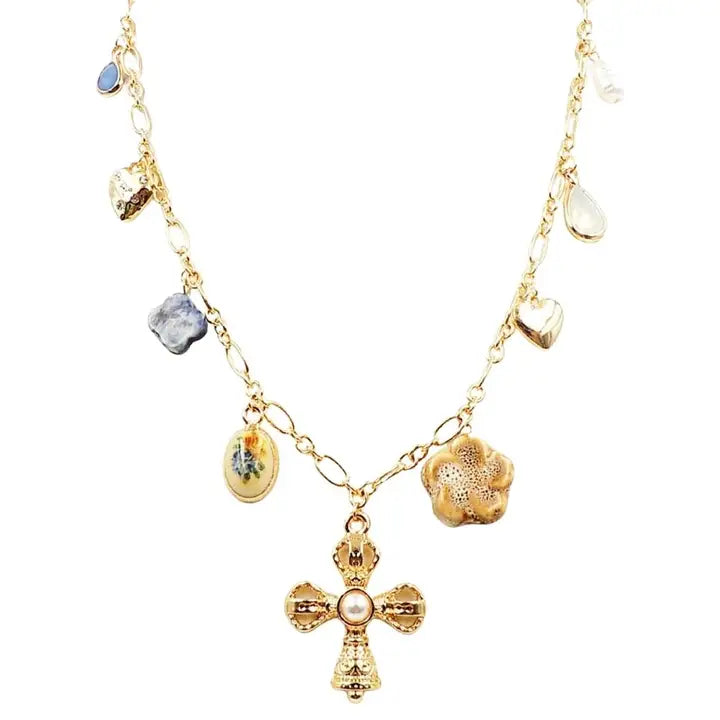 Gold Multi Charm Cross Necklace