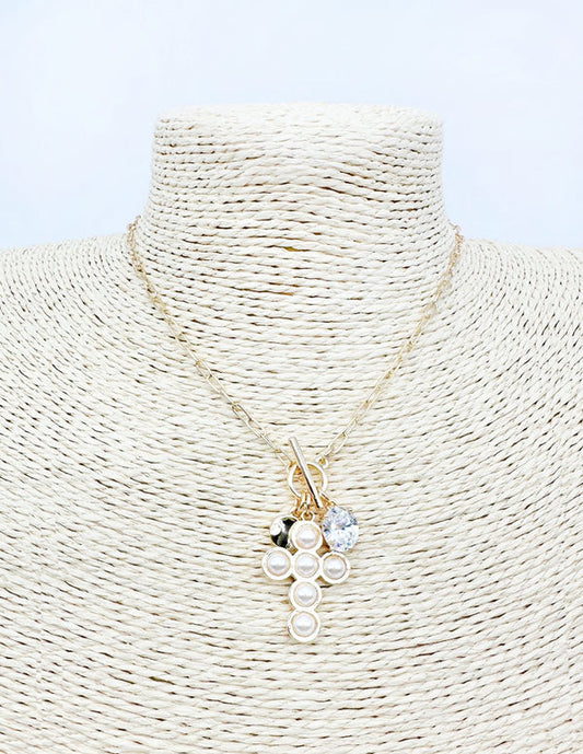 Pearl Beaded Cross & Crystal Charm Necklace