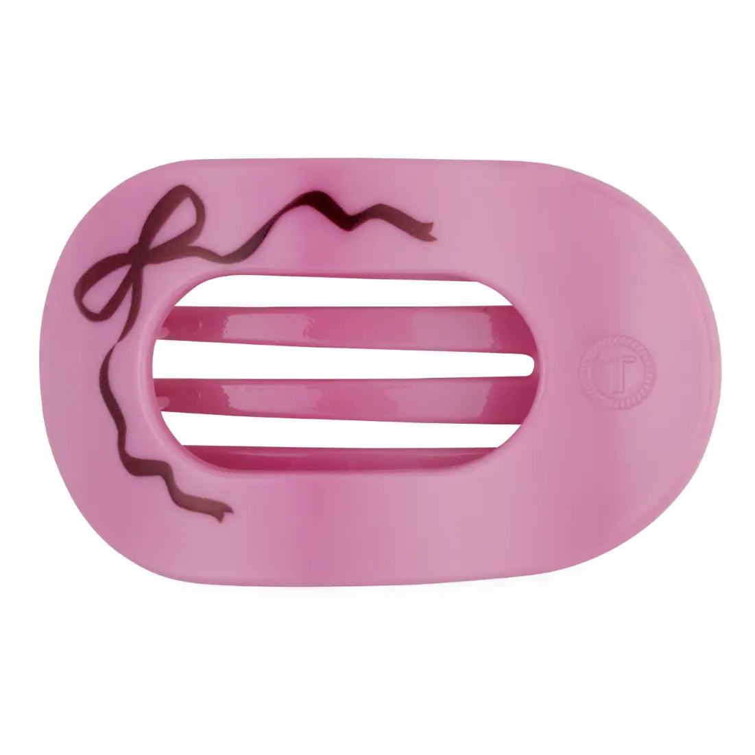 Teleties Just Add A Bow Small Flat Round Hair Clip, pink with burgundy bow print, front view