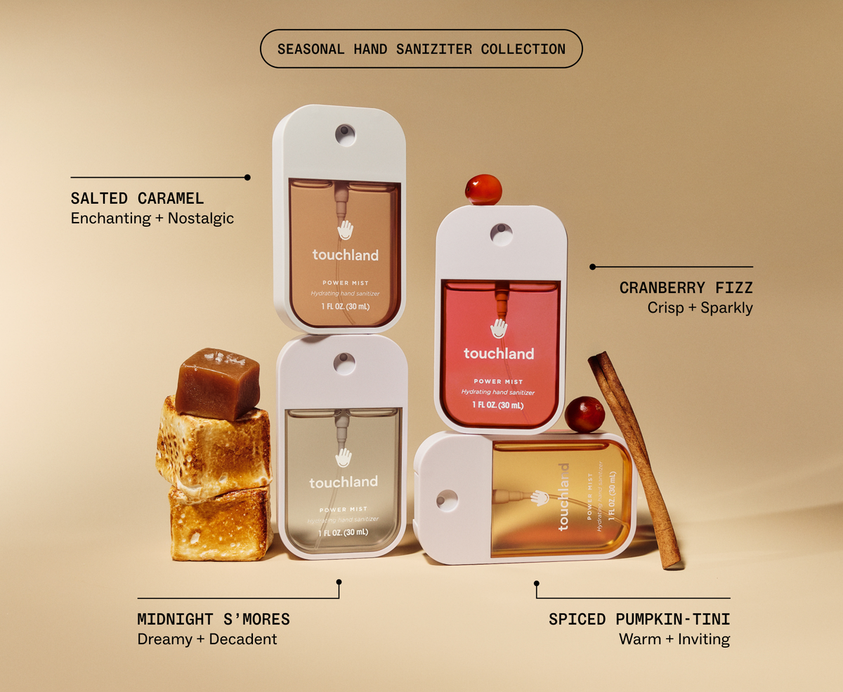 Touchland seasonal collection graphic with Spiced Pumpkin-Tini and three other fall scents