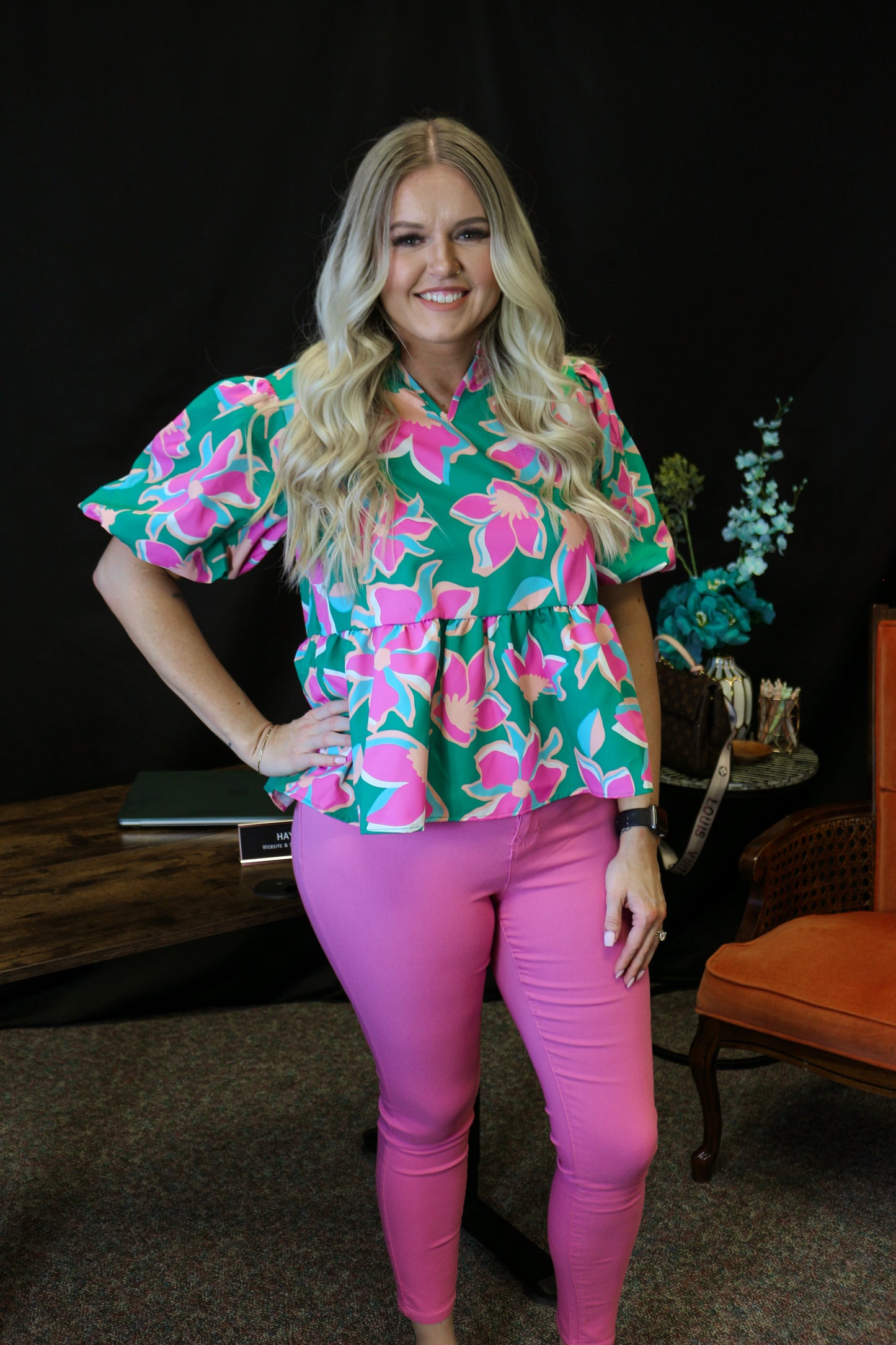 Confident In Bloom Green & Fuchsia Floral Blouse