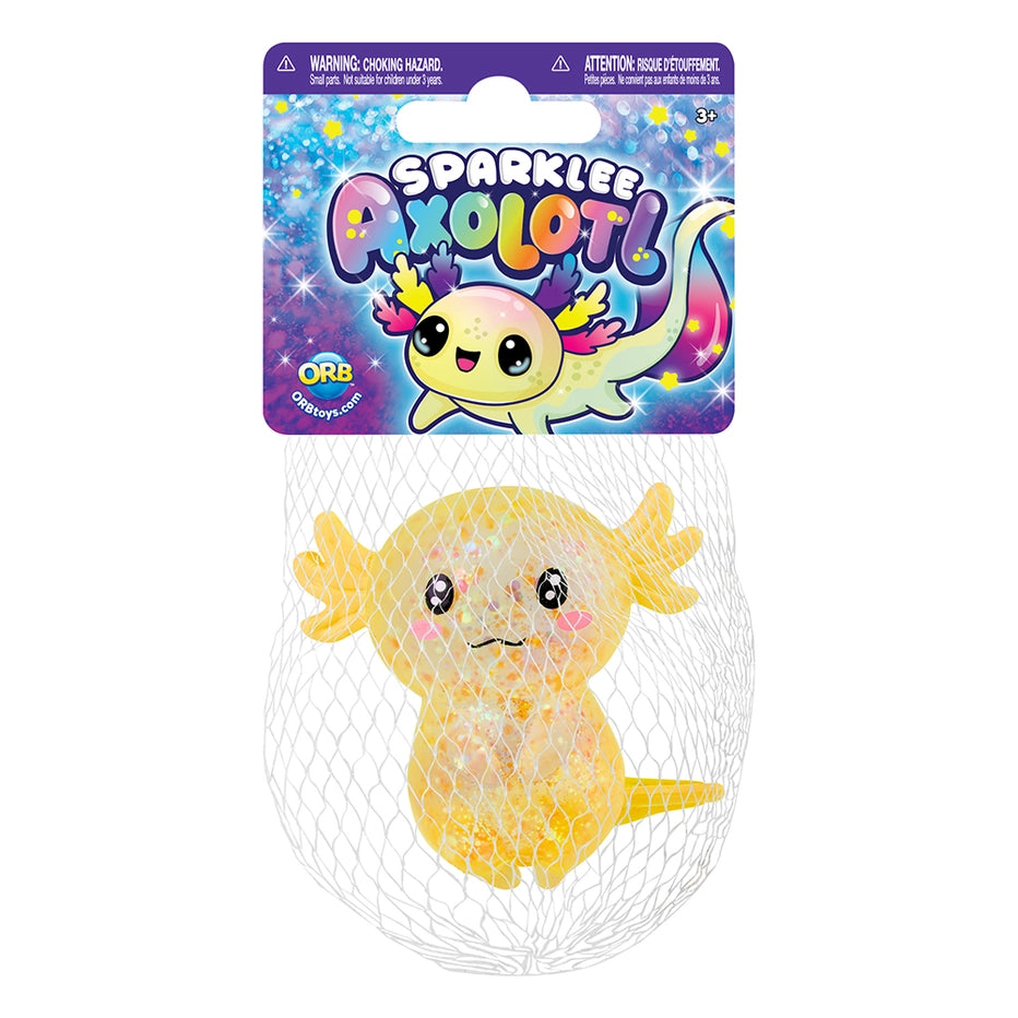 ORB Sparklee Axolotl yellow glitter squishy in mesh bag packaging