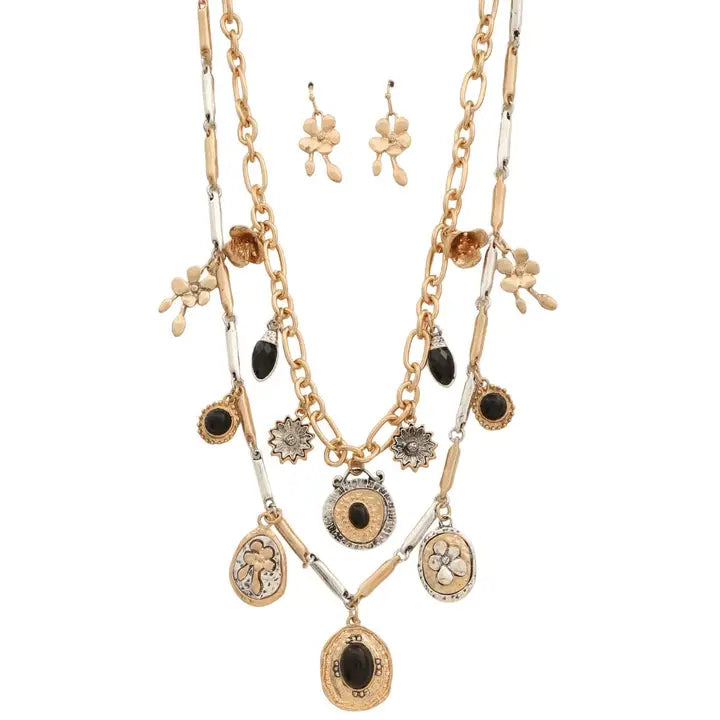 Gold Two Tone Black Stone Multi Charm Layered Necklace