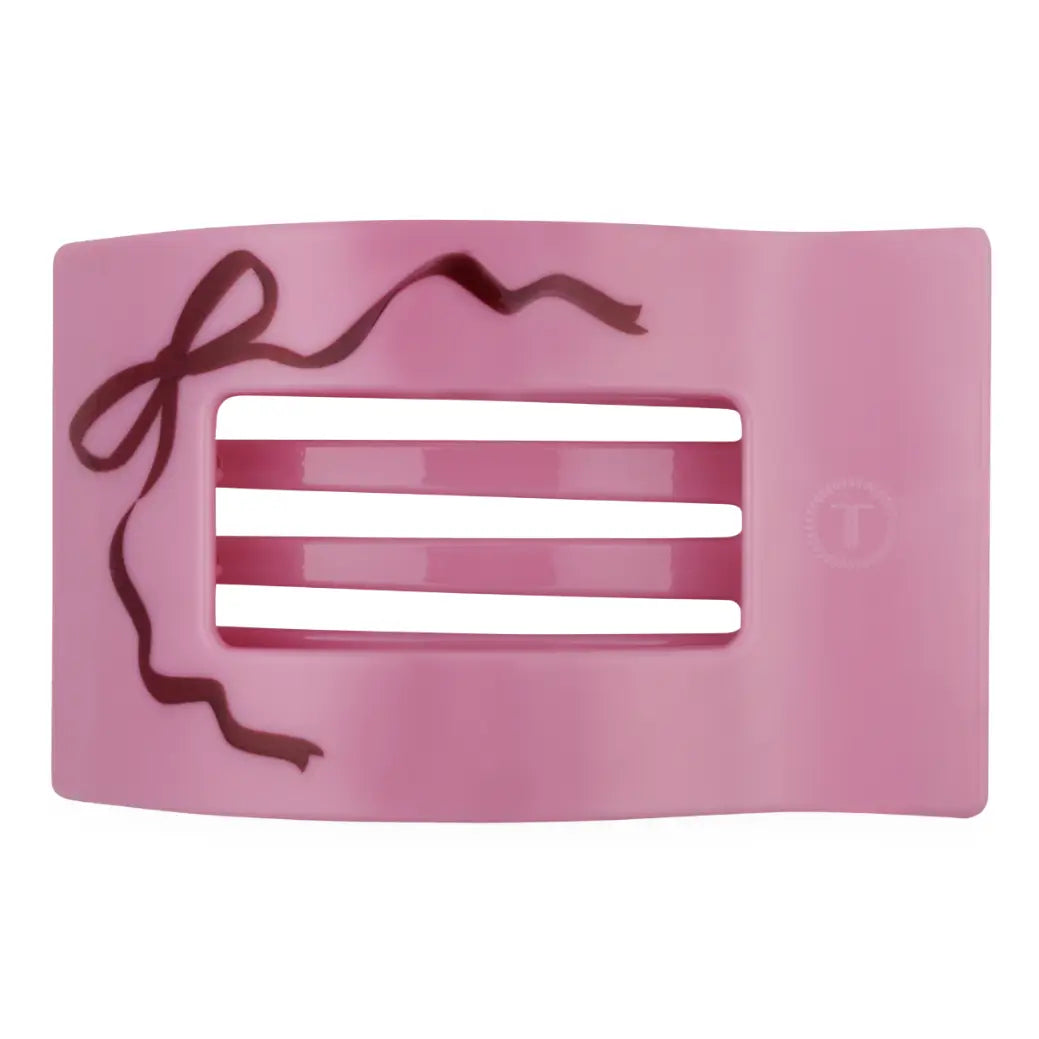 Teleties Just Add A Bow Small Flat Rectangle Hair Clip, pink with bow print, front view