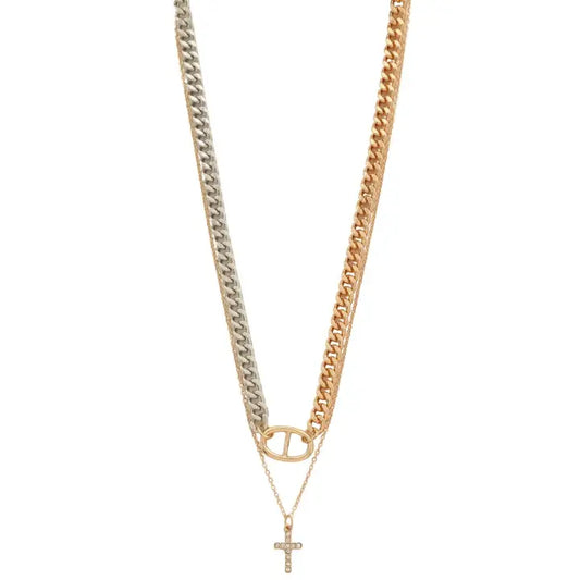 Dainty Cross Chain Two Tone Layered Necklace