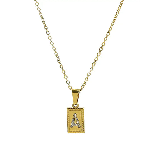 Waterproof Initial Gold CZ Tag Necklace - 26 Letters