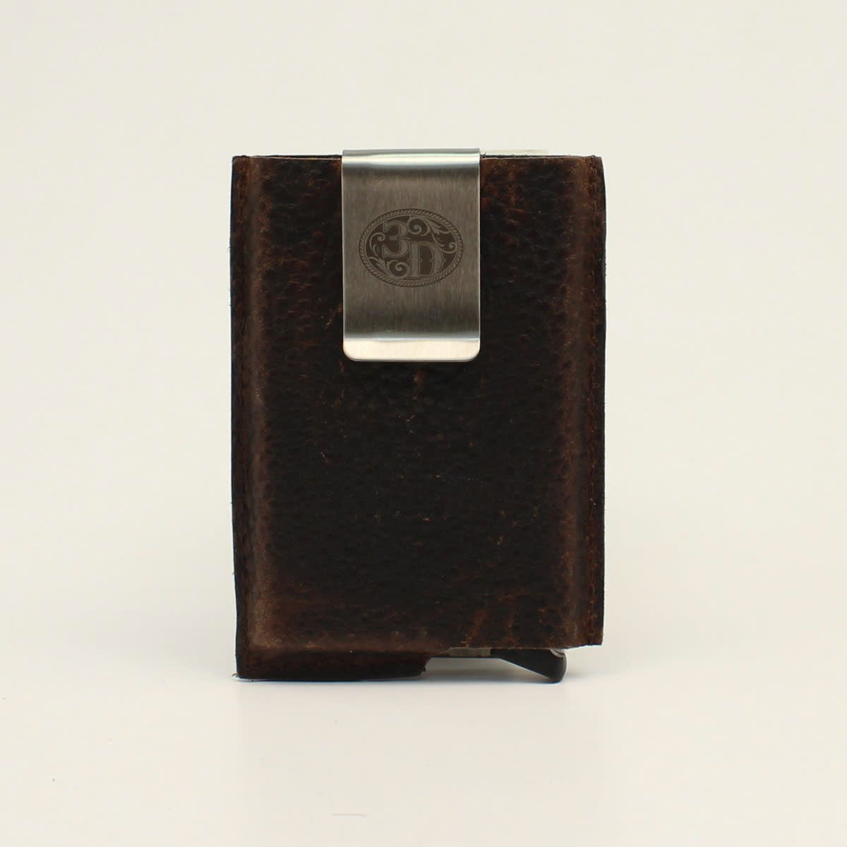 3D men's brown leather RFID smart wallet with silver money clip, front view