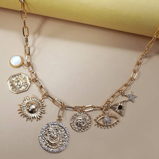 Gold Sun Evil Eye Link Chain Charm Necklace