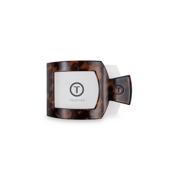 TELETIES Small Square Flat Hair Clip in tortoise, front view with logo card