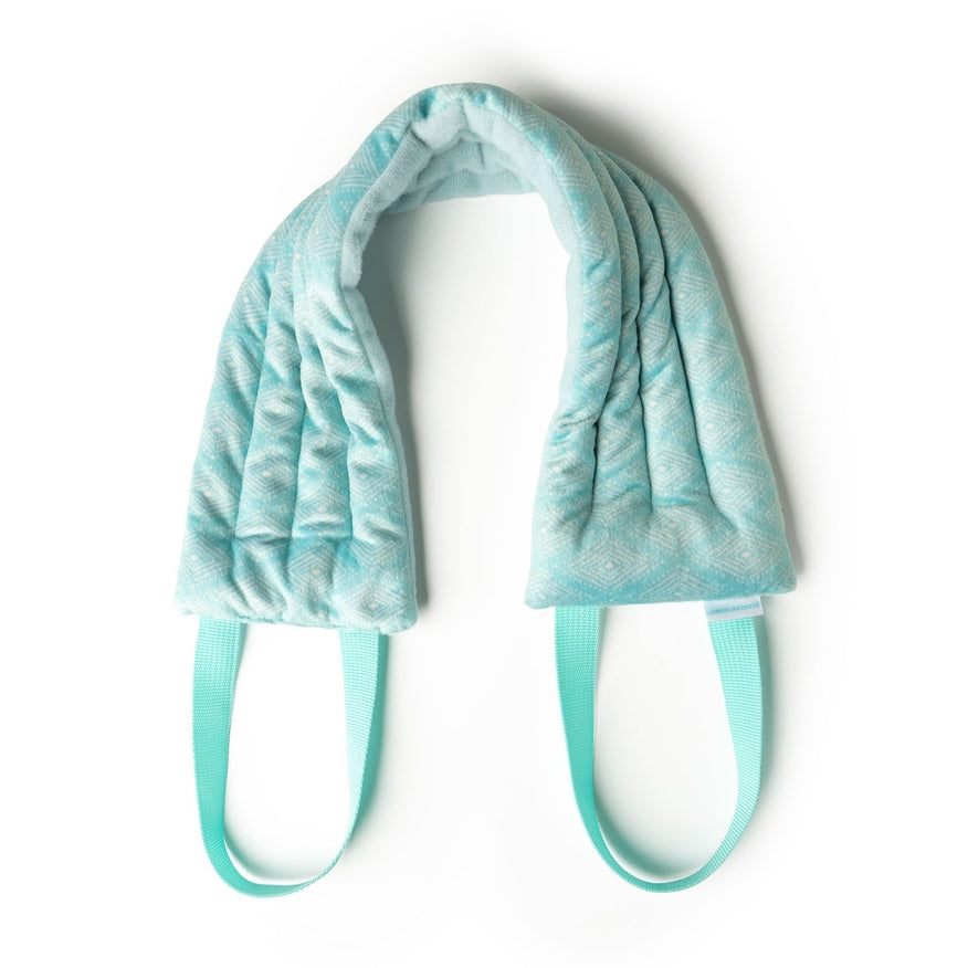 Hot Stuff Heated Neck Wrap in light blue with aqua straps, out of the box on white