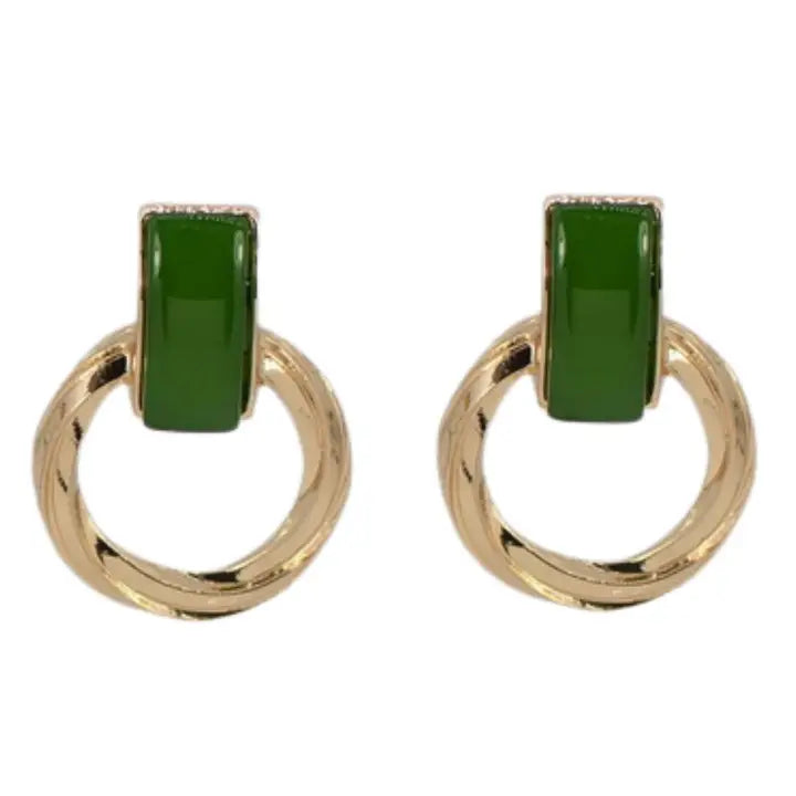 Round Metal Rectangle Stone Earring -2 Colors