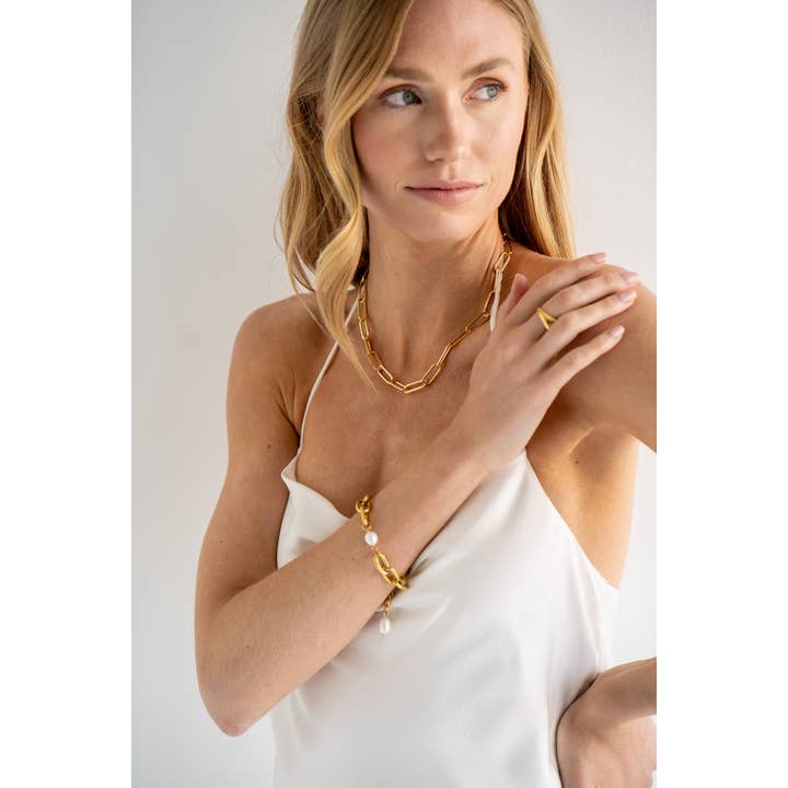 Gold Chunky Chain Bracelet with Pearls - Waterproof