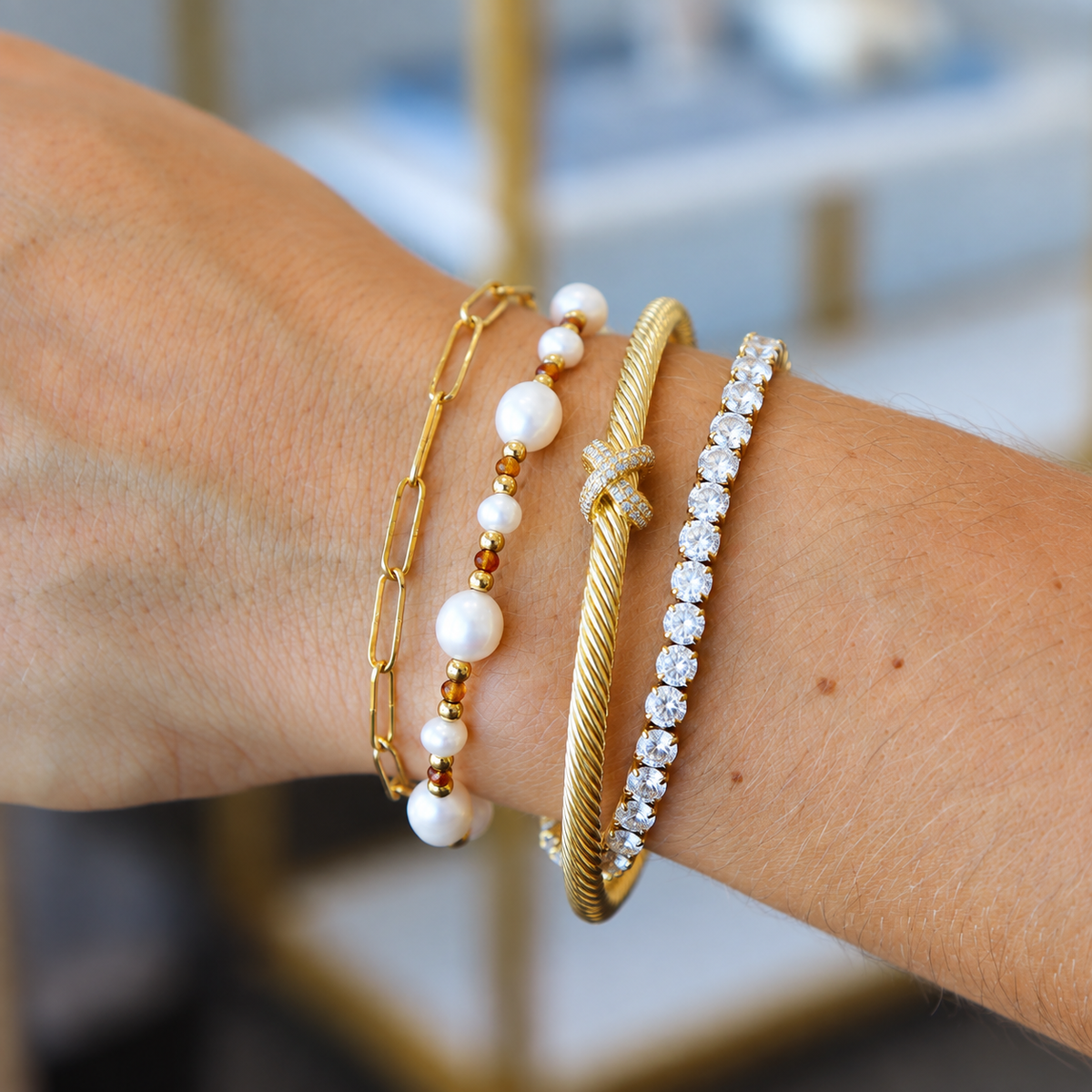 Waterproof Jackie Pearl Brown Bead Bracelet