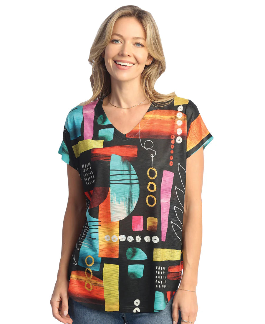 Geneva Dolman Black Multi Tunic Top