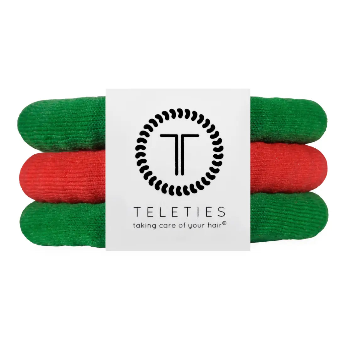 Teleties Jolly & Bright Small Nylon Hair Ties, red and green 3-pack in packaging