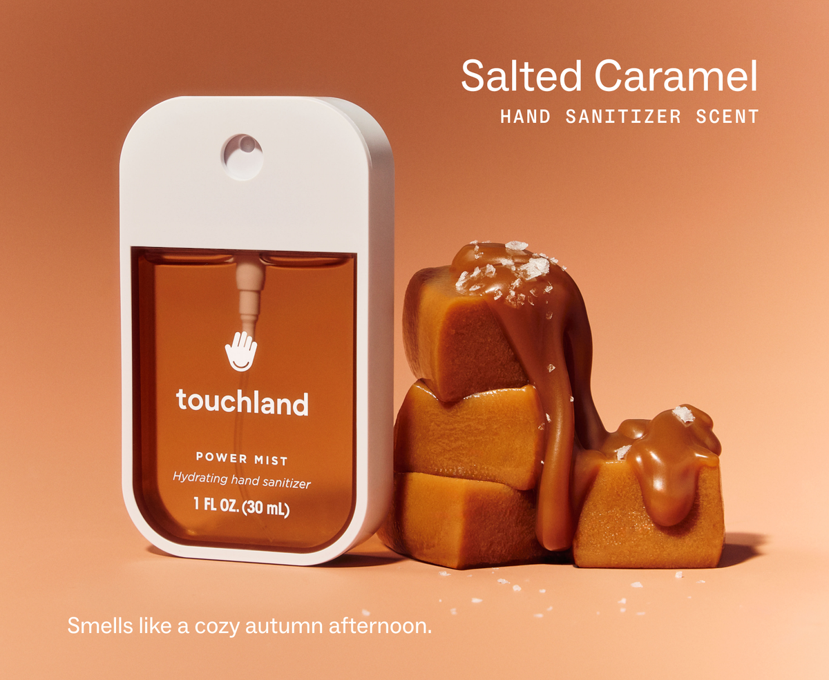 Touchland Salted Caramel Power Mist beside caramel squares, scent label graphic
