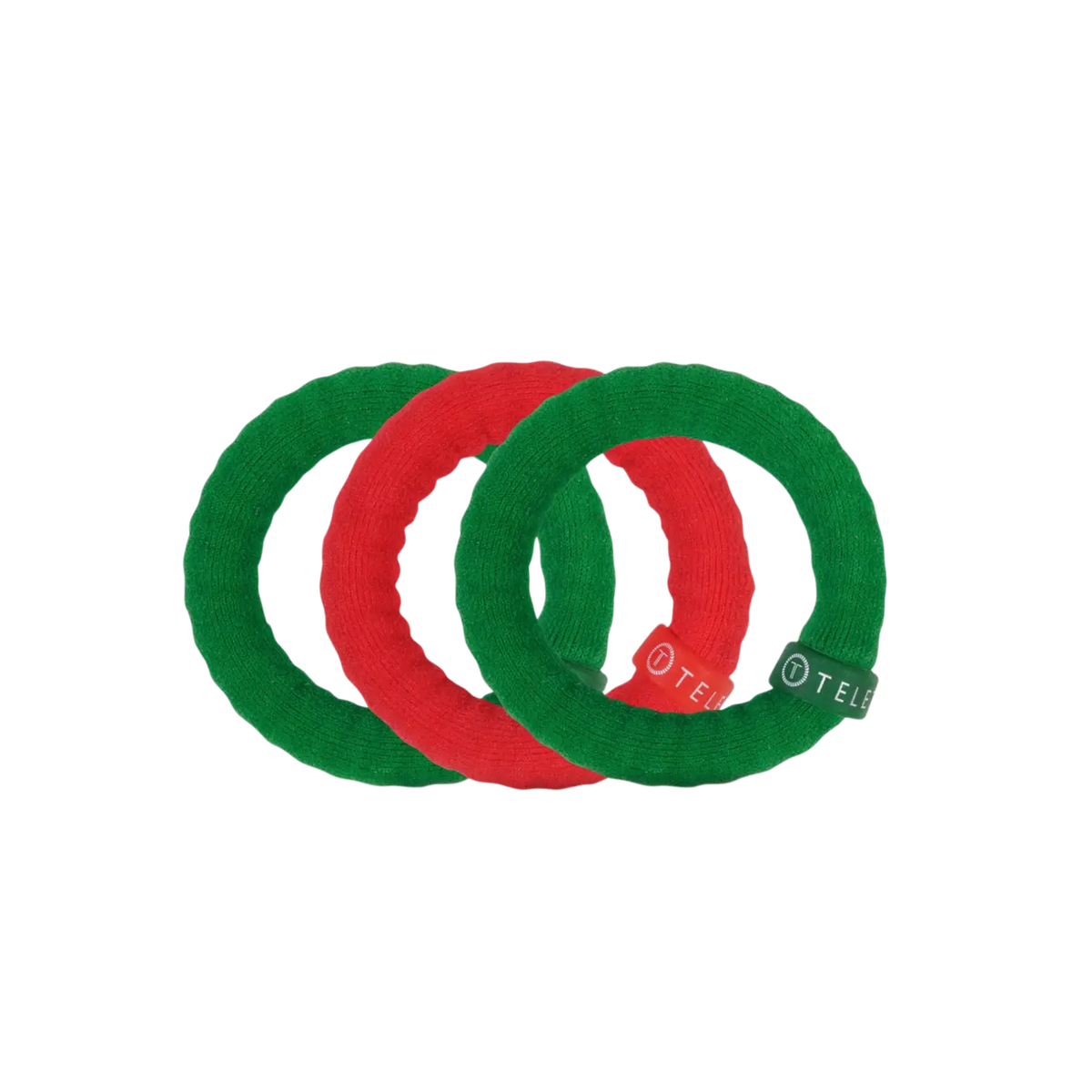 Teleties Jolly & Bright Small Nylon Hair Ties, two green and one red, out of the package