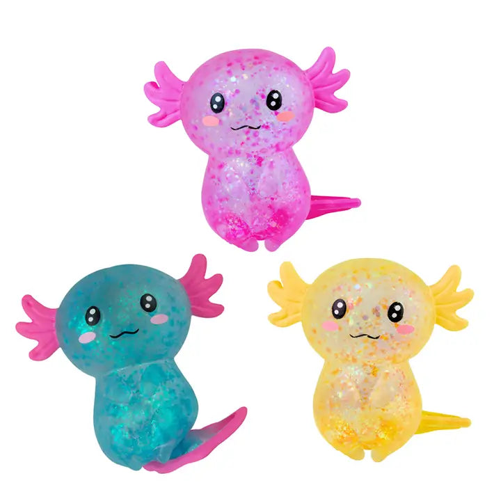 ORB Sugar Swaps Sparklee Axolotl squishy toys in pink, teal and yellow glitter