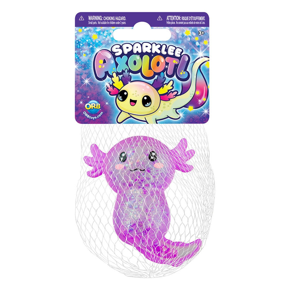 ORB Sparklee Axolotl purple glitter squishy in mesh bag packaging