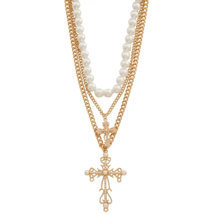 Cross Pendant Pearl Bead Layered Necklace