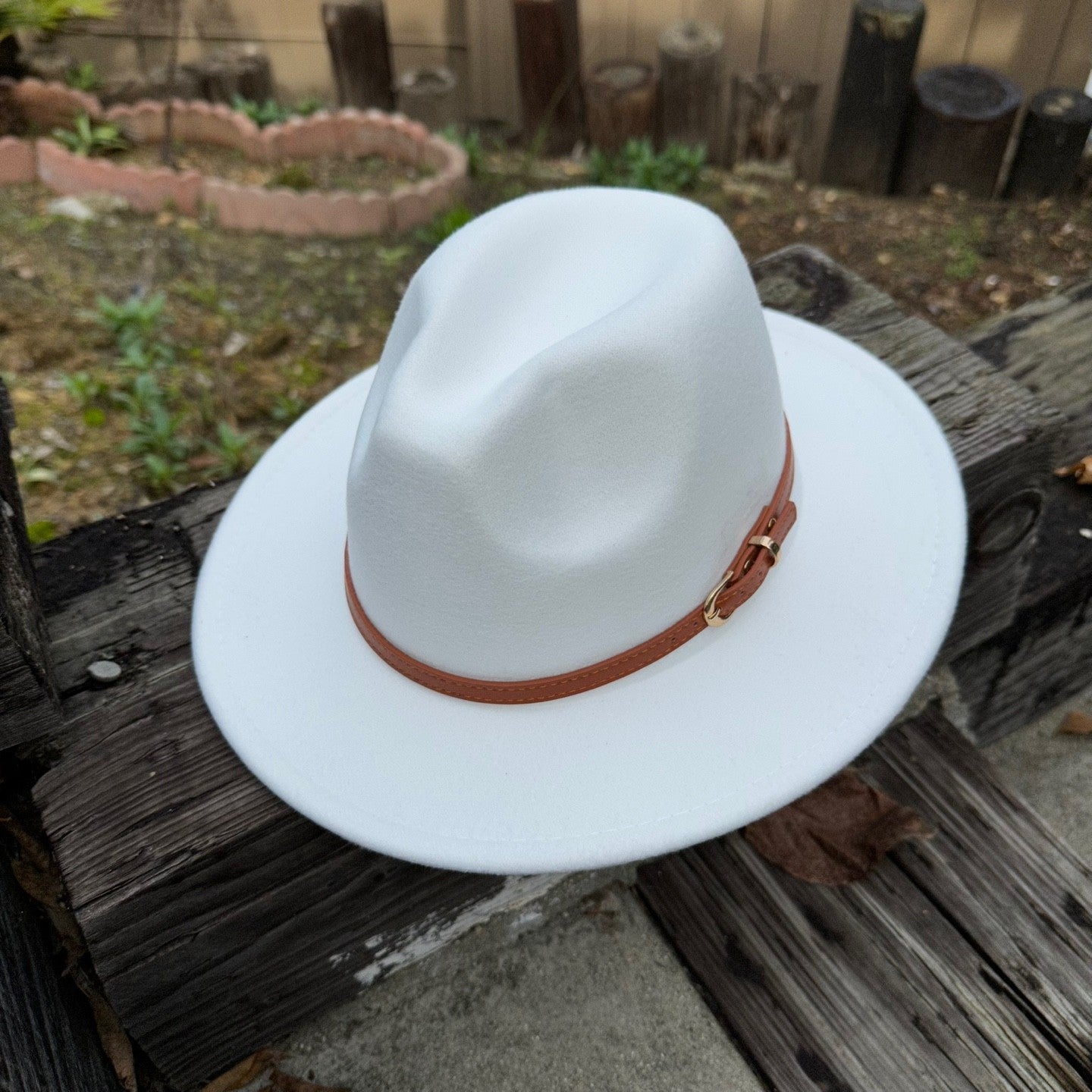 White Vegan Flat Panama Hat With Leather Belt