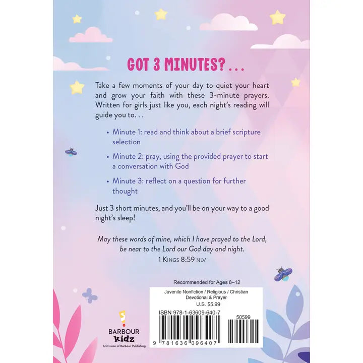 3-Minute Bedtime Prayers for Girls, back cover with description
