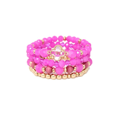 Set of 4 Hot Pink Crystal & Gold Beaded Stretch Bracelets