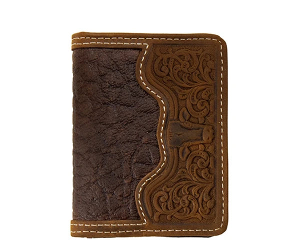 3D men's brown bifold flip wallet, front with tooled floral leather and longhorn overlay