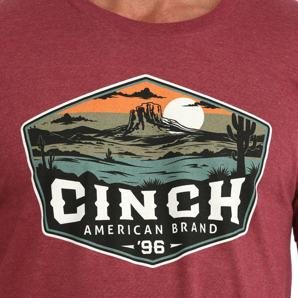 Cinch Desert Scene tee, close-up of mesa and cactus badge graphic