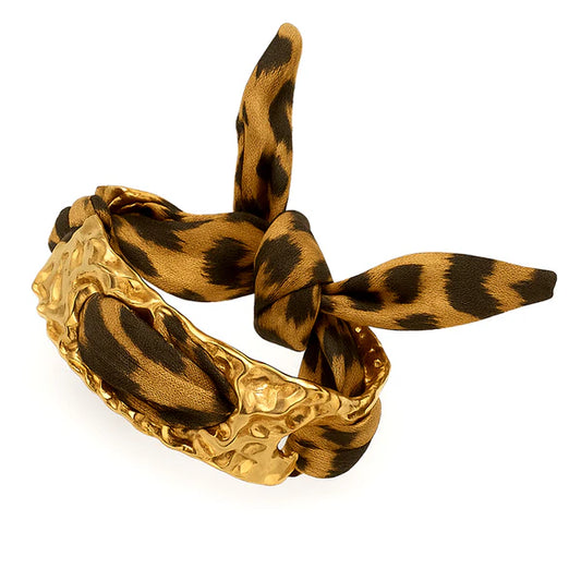Cheetah Print Scarf Tie Bracelet with Gold Accents