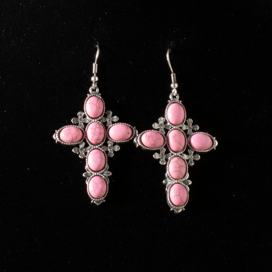 Blazin Roxx Ladies Stone Cross Earrings- Pink