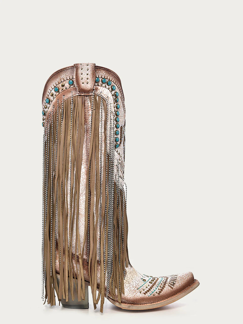 Beige Embroidered Eagle With Lamb & Crystal Fringe Cowboy Boot