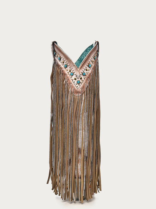 Beige Embroidered Eagle With Lamb & Crystal Fringe Cowboy Boot