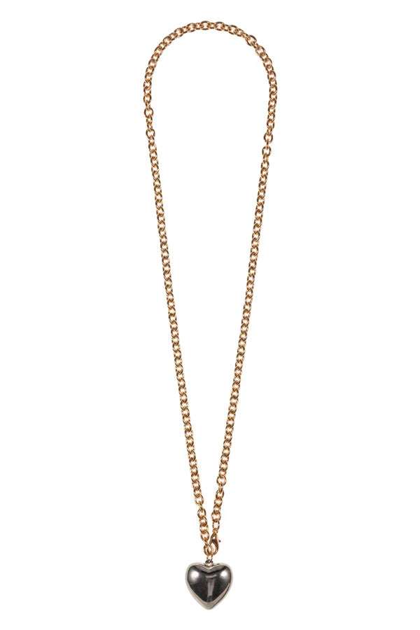 Gold 32 inch Necklace with Silver Puffy Heart Charm