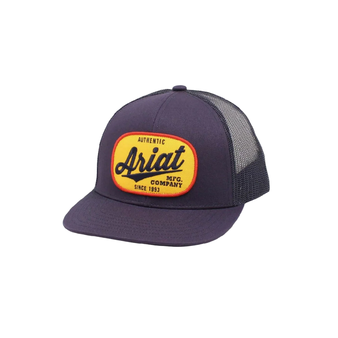 Ariat men's navy mesh-back snapback hat with yellow and red oval Ariat patch, front angle view