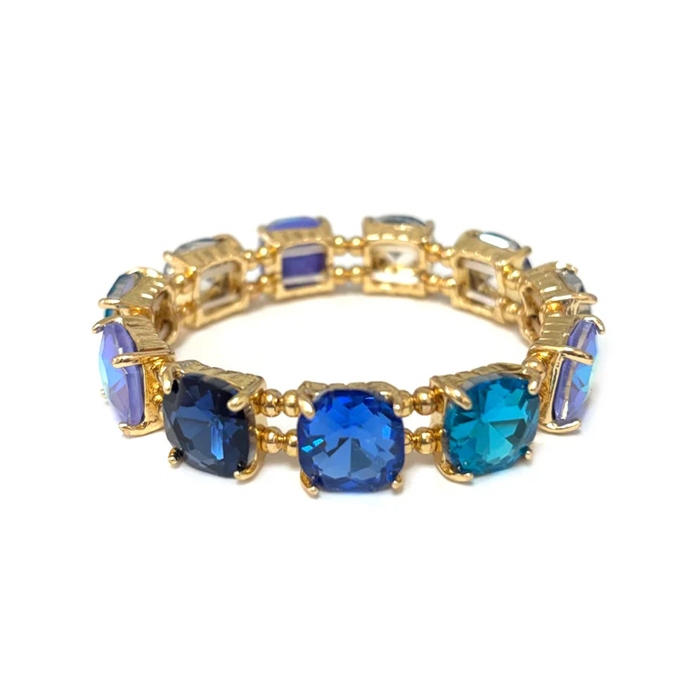 Blue Multi Crystal Square and Gold Stretch Bracelet